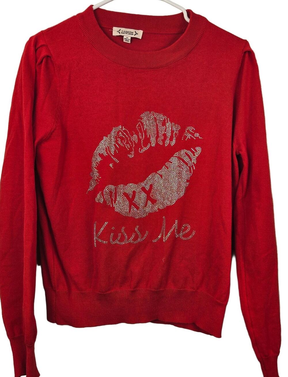 Nanette Lepore Kiss Me Rhinestone Sweater Red M Rayon Polyester LIPS GIRLHOODCOR